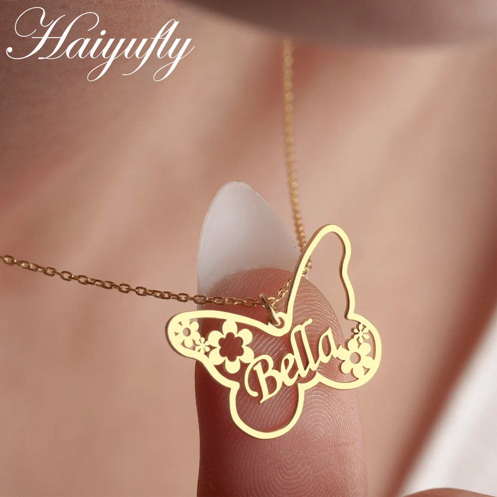 Butterfly Pendant Necklace - Haiyufly ส่วนบุคคล CUSTOM ชื่อสร้อยคอผีเสื้อผู้หญิงสแตนเลสจี้ Link Chain