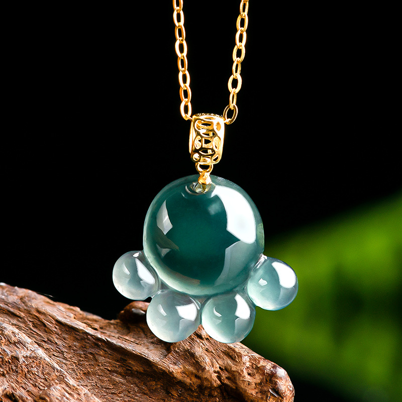 Jewelry & Watches Vitopoulos - จี้หยกน้ำเงินธรรมชาติรูปอุ้งเท้าแมว สร้อยคอหยกแกะสลัก เครื่องประดับแฟชั่น ของขวัญพร้อมใบรับรองสำหรับผู้หญิง