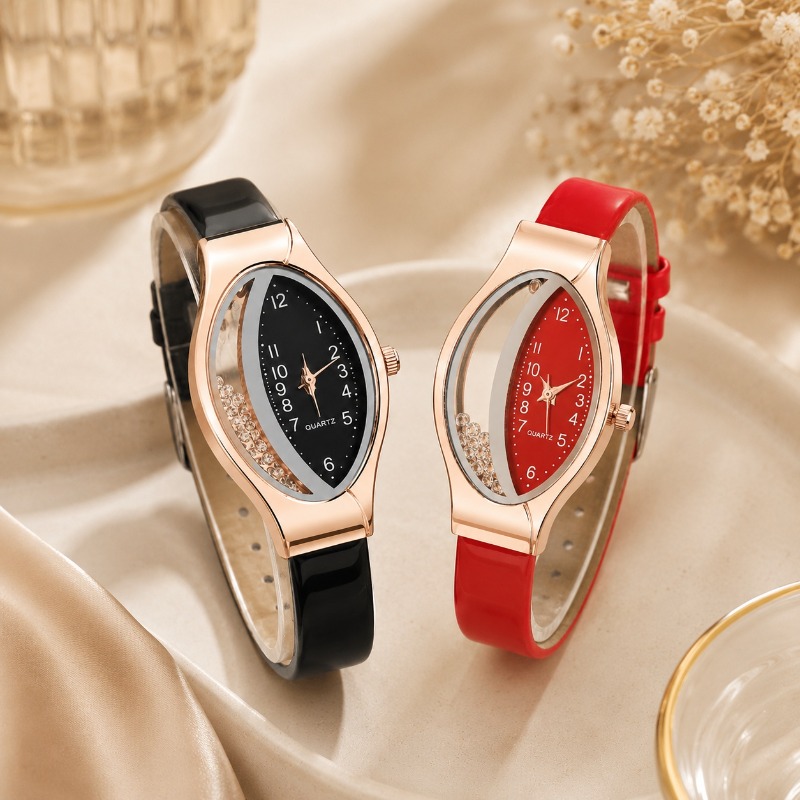 Unique Jewelry Watches - นาฬิกาผู้หญิงทรงวงรีที่ไม่เหมือนใคร หรูหรา หน้าปัดเพชร สายหนัง นาฬิกาข้อมือควอตซ์ สง่างาม