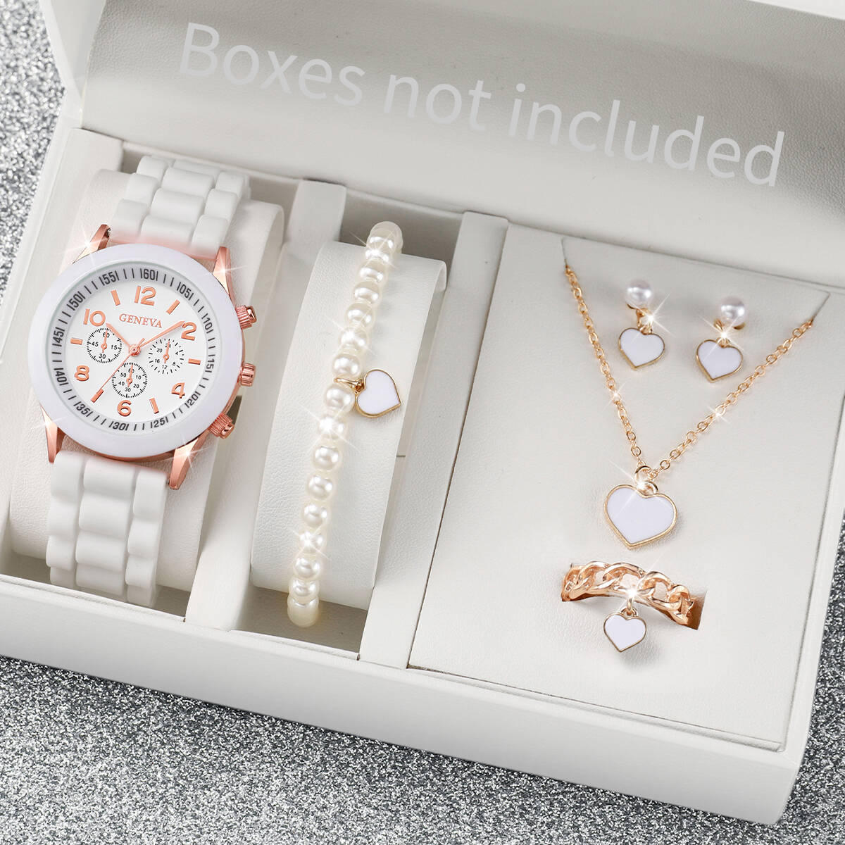 Jewelry Watches For Kids - 5/6 ชิ้นแฟชั่นนาฬิกาผู้หญิงชุดเครื่องประดับลำลองสายซิลิโคนสุภาพสตรีนาฬิกาควอตซ์เรโลจ มูเยร์นาฬิกาผู้หญิงของขวัญ (ไม่มีกล่อง)